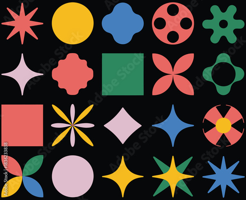 A vibrant set of abstract geometric shapes and modern brutalist symbols. Collection of vector art elements for creative graphic design