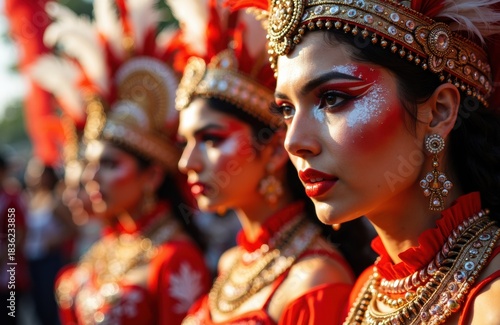 Woman in red ceremonial costume with ornate headdress and bold stage makeup