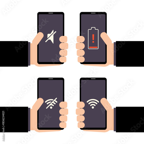 Hands holding smartphones displaying various status icons. Minimalist vector design for infographics, educational materials about mobile device functionality, connectivity issues, and user experience