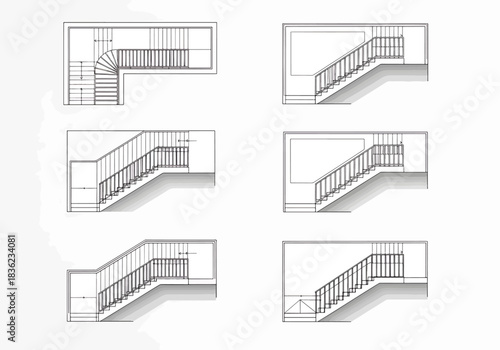 Collection of Six Architectural Staircase Designs Featuring Various Styles from Straight Flights to L-Shaped and Spiral Configurations