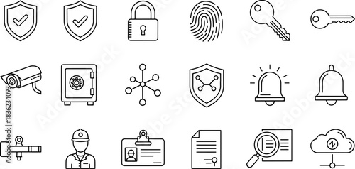 Collection of Security and Protection Icons Shield Lock Fingerprint Key Safe Camera and More for Digital and Physical Safety Concepts