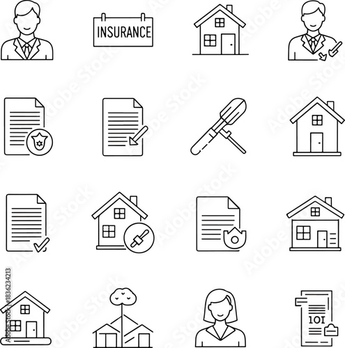 Collection of real estate and insurance icons with houses, documents, men, women, and security symbols for property services