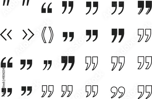 Collection of quotation marks and punctuation symbols in various styles, including curly, straight, and angle brackets, isolated on white
