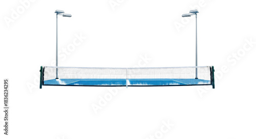 immaculate empty azure blue pickleball court, white lines, net, and steel poles, geometrically centered against a shadowless, high-key transparent background. concept for sports infrastructure