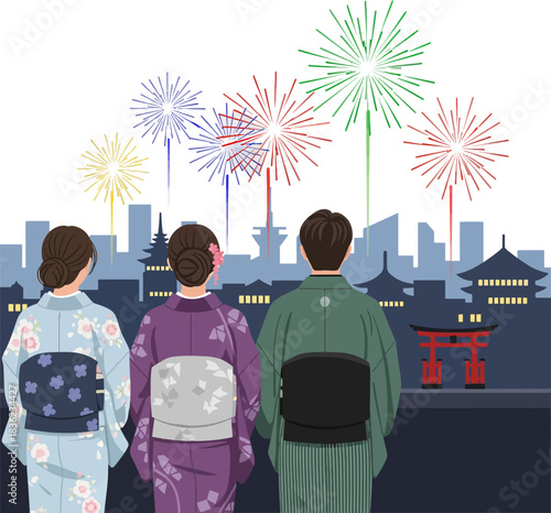 Japanese Friends Wearing Kimono Watching New Year Fireworks over City Skyline Night Festival – Vector Illustration