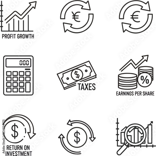 Collection of nine modern outline icons representing financial concepts profit growth calculator taxes earnings per share and return on investment