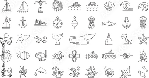 Collection of Nautical and Marine Themed Icons Featuring Ships, Marine Life, and Ocean Elements, Perfect for Digital and Print Projects