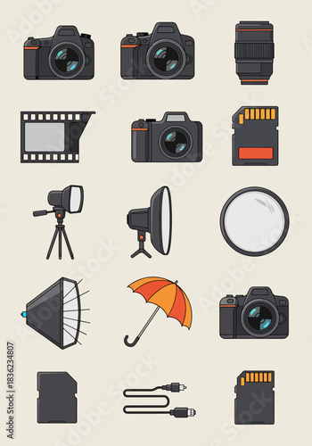 Collection of modern photography equipment icons, including cameras, lenses, film, memory cards, lighting, and accessories, presented in a clean vector art style