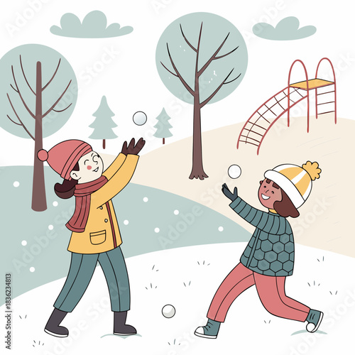 Children Enjoying a Snowball Fight in a Winter Park.