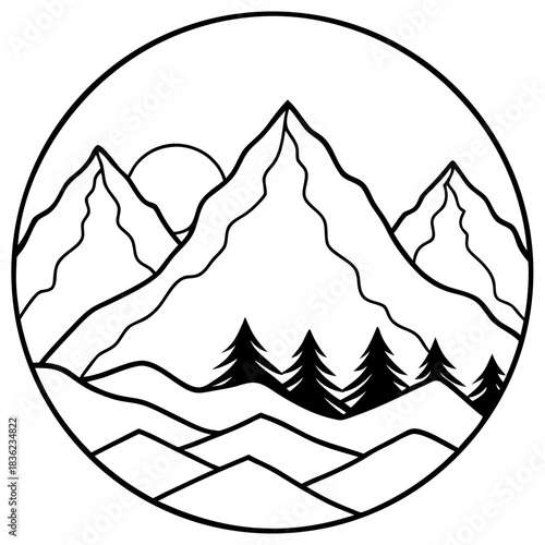 Circular Mountain Landscape with Trees and Rising Sun Illustration.
