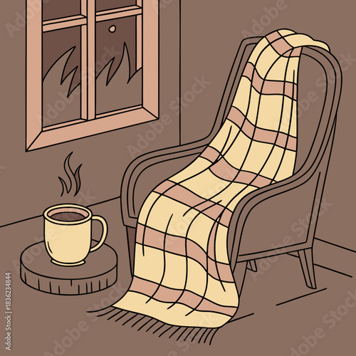Cozy Evening Scene Armchair Blanket and Hot Drink by the Window.