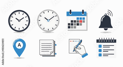 Collection of Modern Flat Icons Representing Time, Location, Documents, and Notifications for Digital Interfaces and Applications