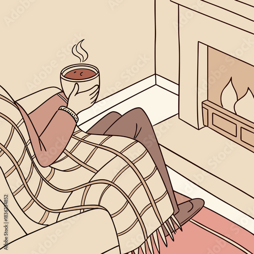 Cozy Relaxation Woman Enjoying Coffee by the Fireplace.