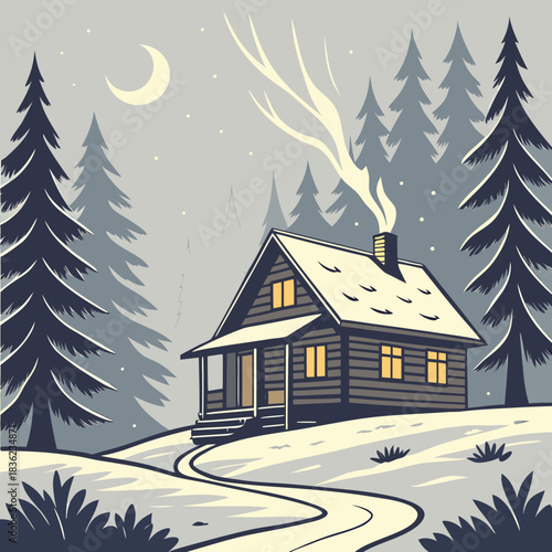 Cozy Winter Cabin in Snowy Forest Illustration.