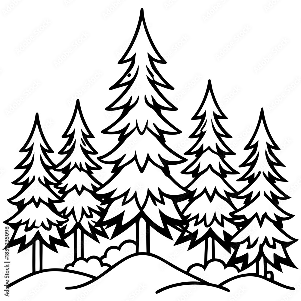 Obraz premium Line Art Illustration of a Forest with Evergreen Trees.