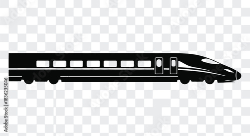 Sleek, modern bullet train silhouette in black against a transparent background, representing fast travel and efficiency.