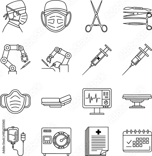 Collection of Medical Surgery Icons Featuring Surgical Instruments Robotic Arms Syringe Monitor Stretcher And Calendar In Line Art Style