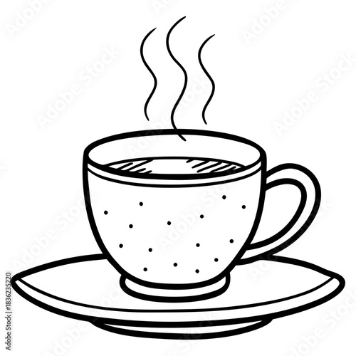 Steaming Cup of Coffee with Polka Dots on a Saucer.