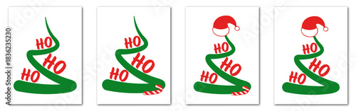 Saying ho ho ho. Set of Christmas and Happy New Year greeting cards with lettering calligraphy, decorative elements. Flat design with doodles hand drawn icons