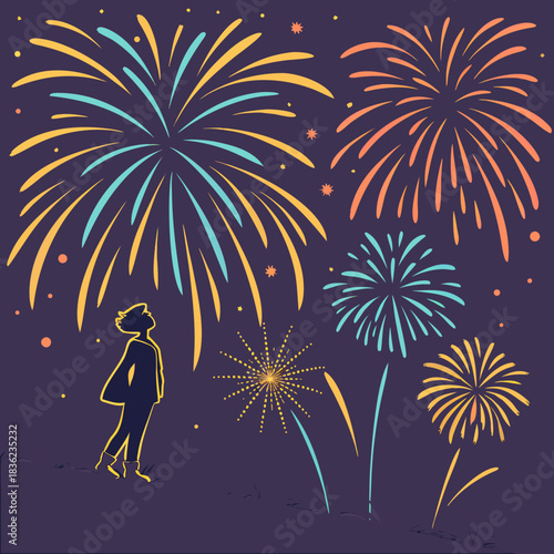 Silhouette of a person watching fireworks display in the night sky.