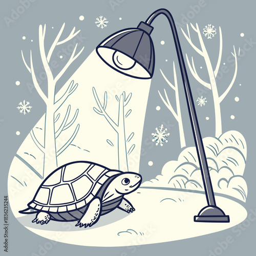 Turtle basking under a street lamp in winter.