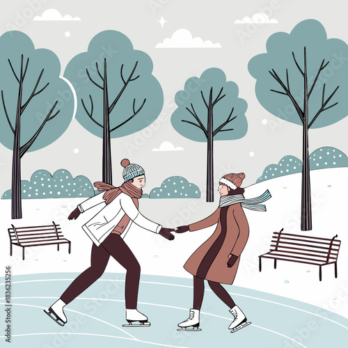 Two Friends Ice Skating in a Winter Park.