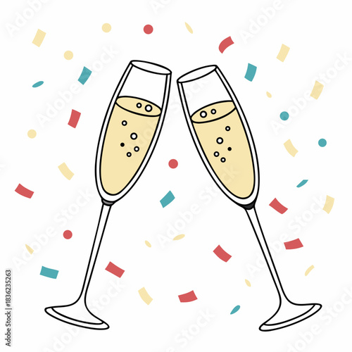 Two champagne flutes toasting amidst confetti celebration.