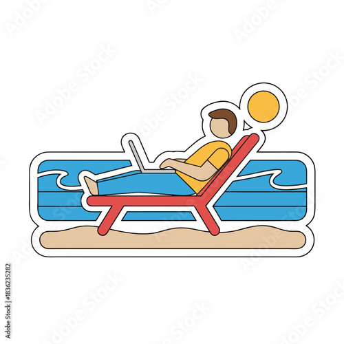 Man Working Remotely on Laptop Beachside on a Red Lounge Chair Under the Sun with Blue Ocean and Sandy Shore in a Minimalist 2D Sticker Style