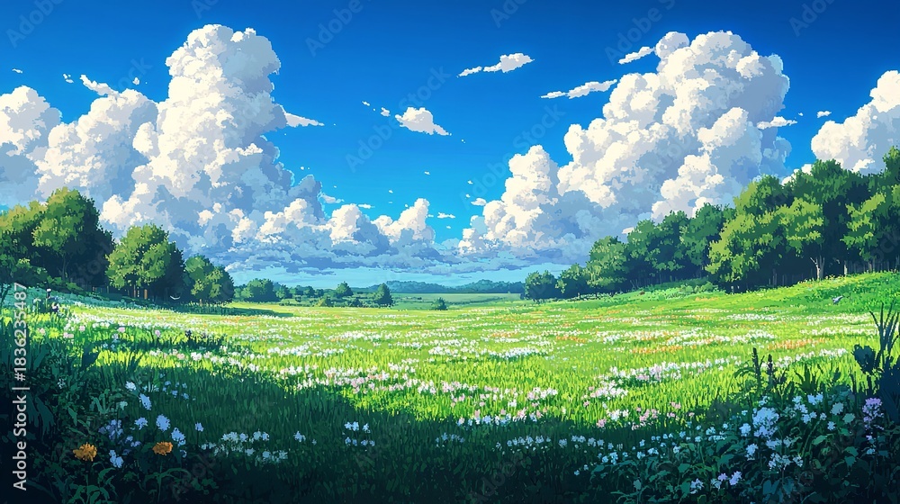 Fototapeta premium Bright Summer Meadow Landscape in Vibrant Pixel Art Style