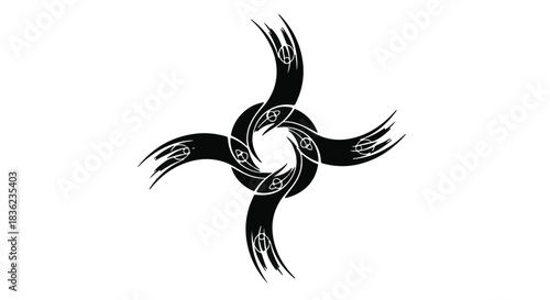 Abstract circular design with swirling, interconnected elements in black and white.