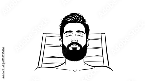 Calm man reclining with eyes closed and beard in simple line art style