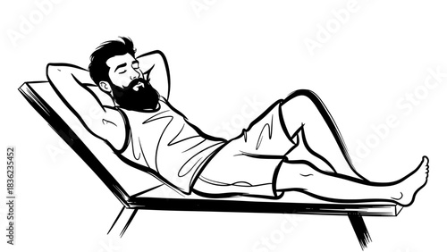 A bearded man relaxes on a sun lounger with his eyes closed
