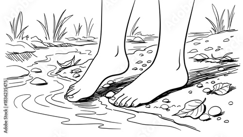 Bare feet beside forest stream, Barefoot person standing in a stream with gentle ripples and natural surroundings in line art style