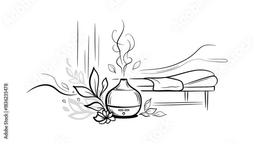 Aromatic diffuser with steam and plants, serene wellness environment, calming home decor, copy space