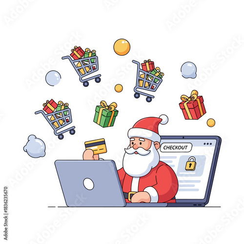 Ilustrasi vektor 2D datar yang cerah menampilkan karakter Sinterklas minimalis yang ramah sedang melakukan pembelian e-commerce liburan yang aman dan sukses menggunakan laptop besar dan kartu kredit.