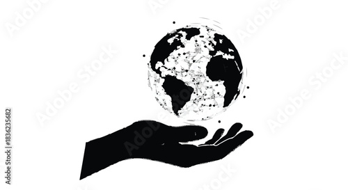 Caring hand cradles a digital globe, symbolizing global connection and technology.