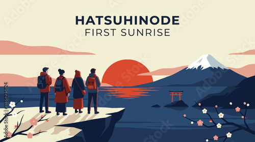 Hatsuhinode First Sunrise Tradition People Watching Sunrise over Mt Fuji and Torii Gate by Ocean Cliff – Japanese New Year Custom – vector illustration