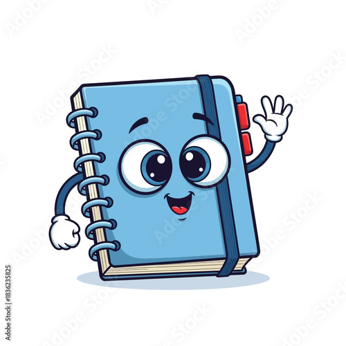Cartoon Notebook Character Waving with Friendly Expression.