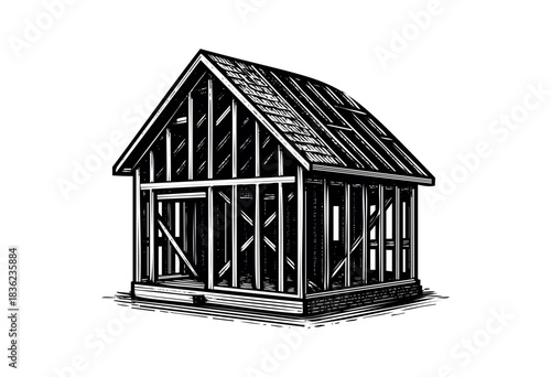 Vintage engraved illustration of a house under construction — stock vector.