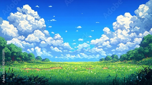 Wallpaper Mural Bright Summer Meadow Landscape in Vibrant Pixel Art Style Torontodigital.ca