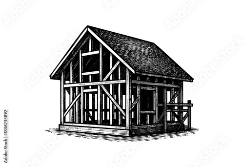 Vintage engraved illustration of a house under construction — stock vector.