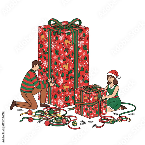 Ilustrasi vektor datar 2D yang cerah menunjukkan dua orang dengan hati-hati membungkus hadiah Natal besar menggunakan kertas kado liburan bermotif mulus merah dan hijau di latar belakang putih.
