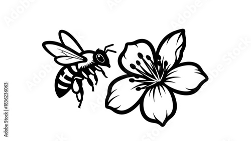 Bold bee silhouette seeks nectar from a spring blossom, a symbol of nature's delicate balance and springtime renewal