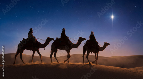 Silueta de los tres reyes magos en camello