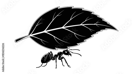 Ant carrying huge leaf representing hard work, determination, teamwork, and nature's strength in black and white