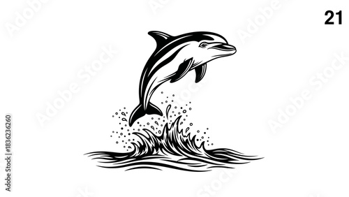 Dynamic dolphin leaps from ocean waves in artistic black and white design for coastal decor and branding projects