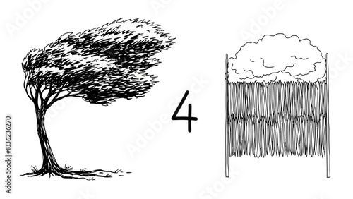 Stylized willow tree blowing in the wind with a number four and a hay bale in black and white