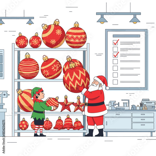 Ilustrasi vektor datar 2D: Sinterklas dan peri bersemangat mengatur ornamen Natal merah emas berkilauan raksasa di rak bengkel yang terang benderang, dengan papan daftar periksa dan ruang salin.
