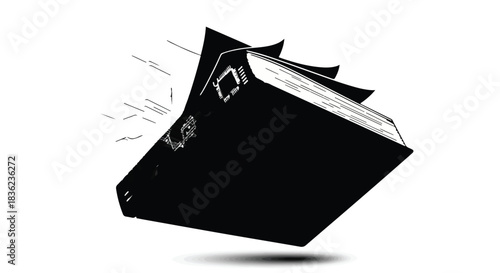 Black binder flying through the air, open with pages fluttering, representing chaos or lost information.