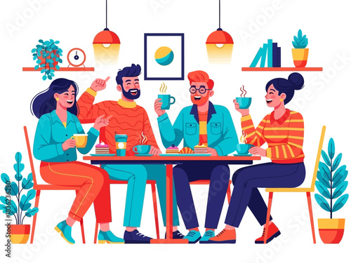 Bright & Vibrant Café Hangout of Four Friends in Modern Style Vector Illustration